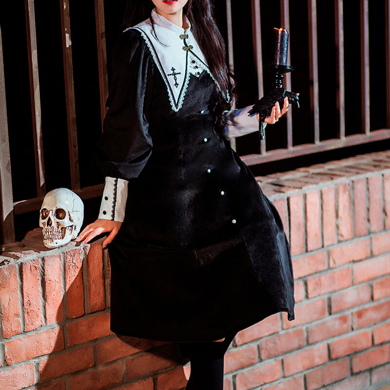 Dark Academia Goth Nun Dress Detachable Collar