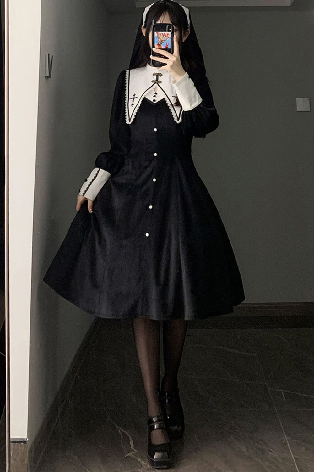 Dark Academia Goth Nun Dress Detachable Collar