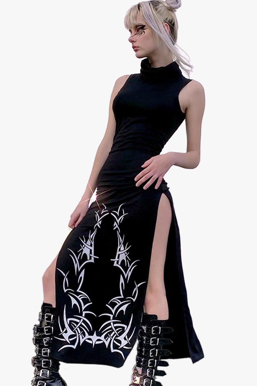 Darkcore Long Sleeveless Black Dress - Aesthetic Clothes Shop