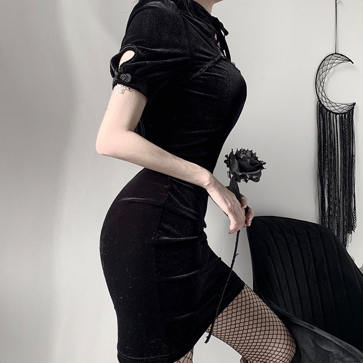 Darkcore Velvet Black Goth Dress - Aesthetic Clothes Shop