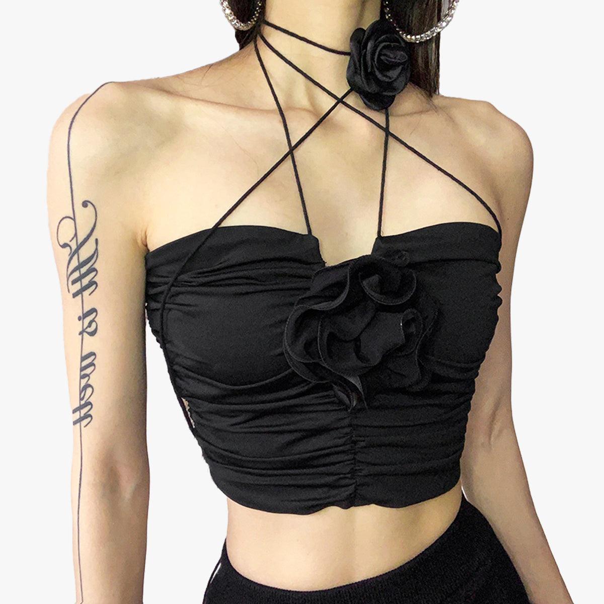 Deadly Black Roses Tube Crop Top - Aesthetic Clothes Shop
