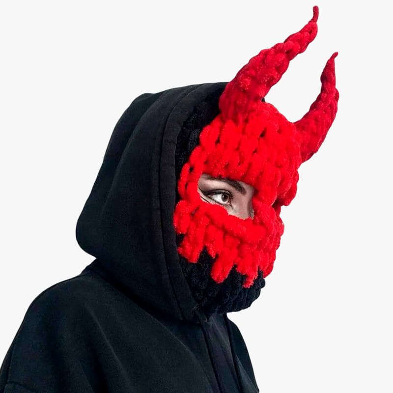 Devil Horns Balaclava Hat Full-Face Red Demon Girl