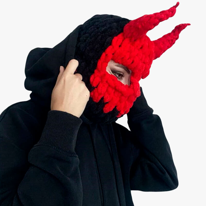 Devil Horns Balaclava Hat Full-Face Red Demon Girl