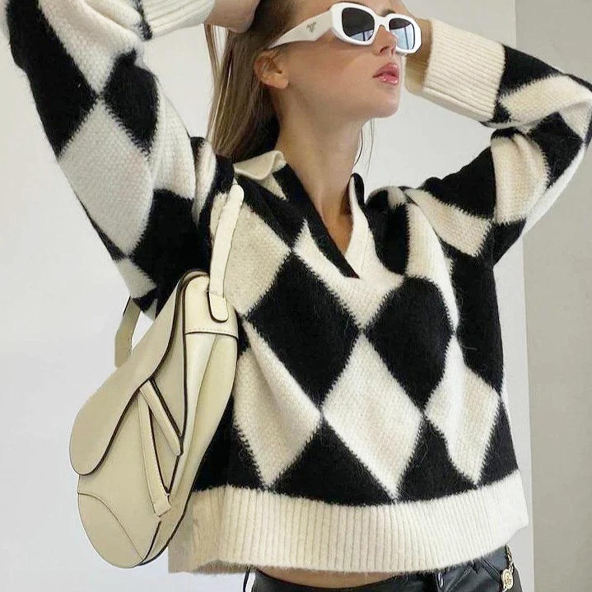 Diamond Pattern Asymmetric Collar Sweater Aesthetic Shop