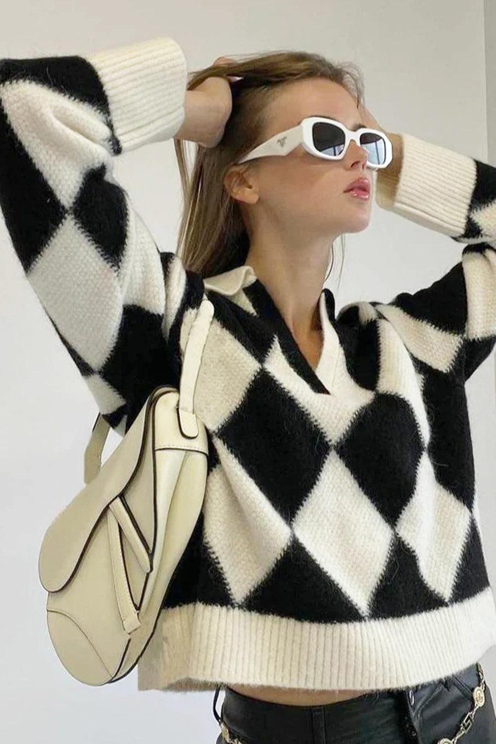 Diamond Pattern Asymmetric Collar Sweater - Aesthetic Clothes Shop