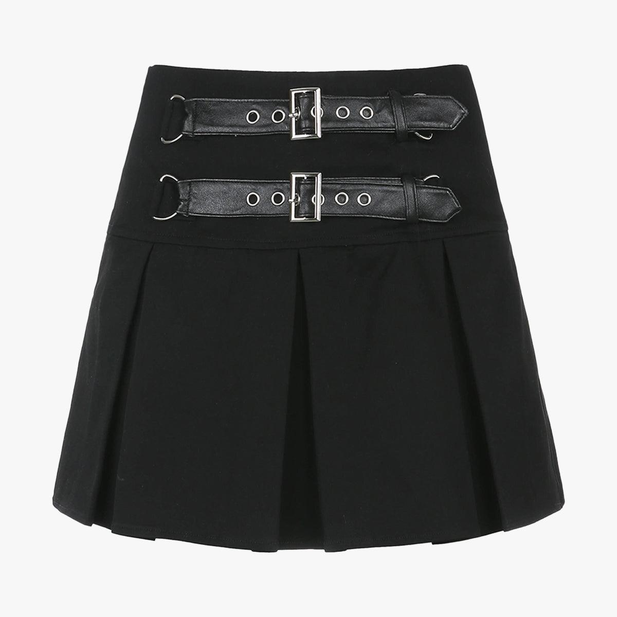 Double Belt Pleated Black Skirt