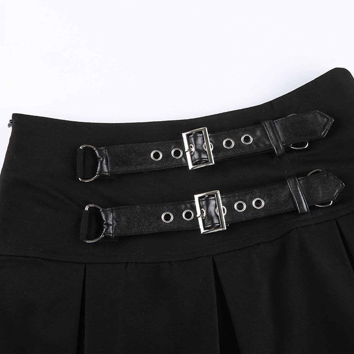 Double Belt Pleated Black Skirt - Aesthetic Clothes Shop