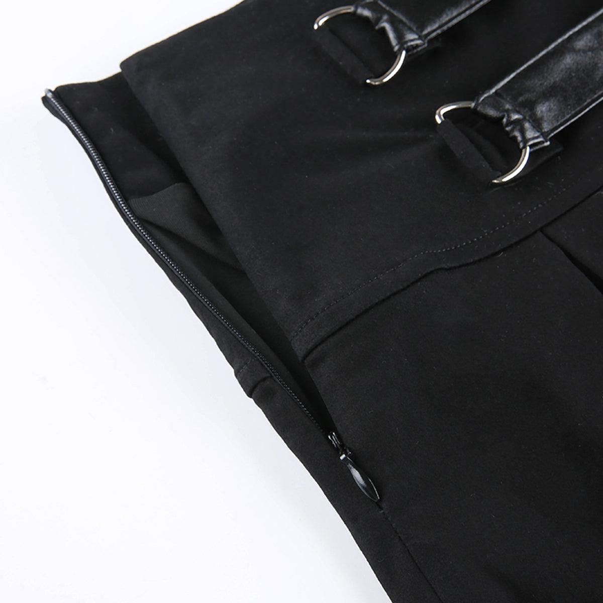 Double Belt Pleated Black Skirt - Aesthetic Clothes Shop