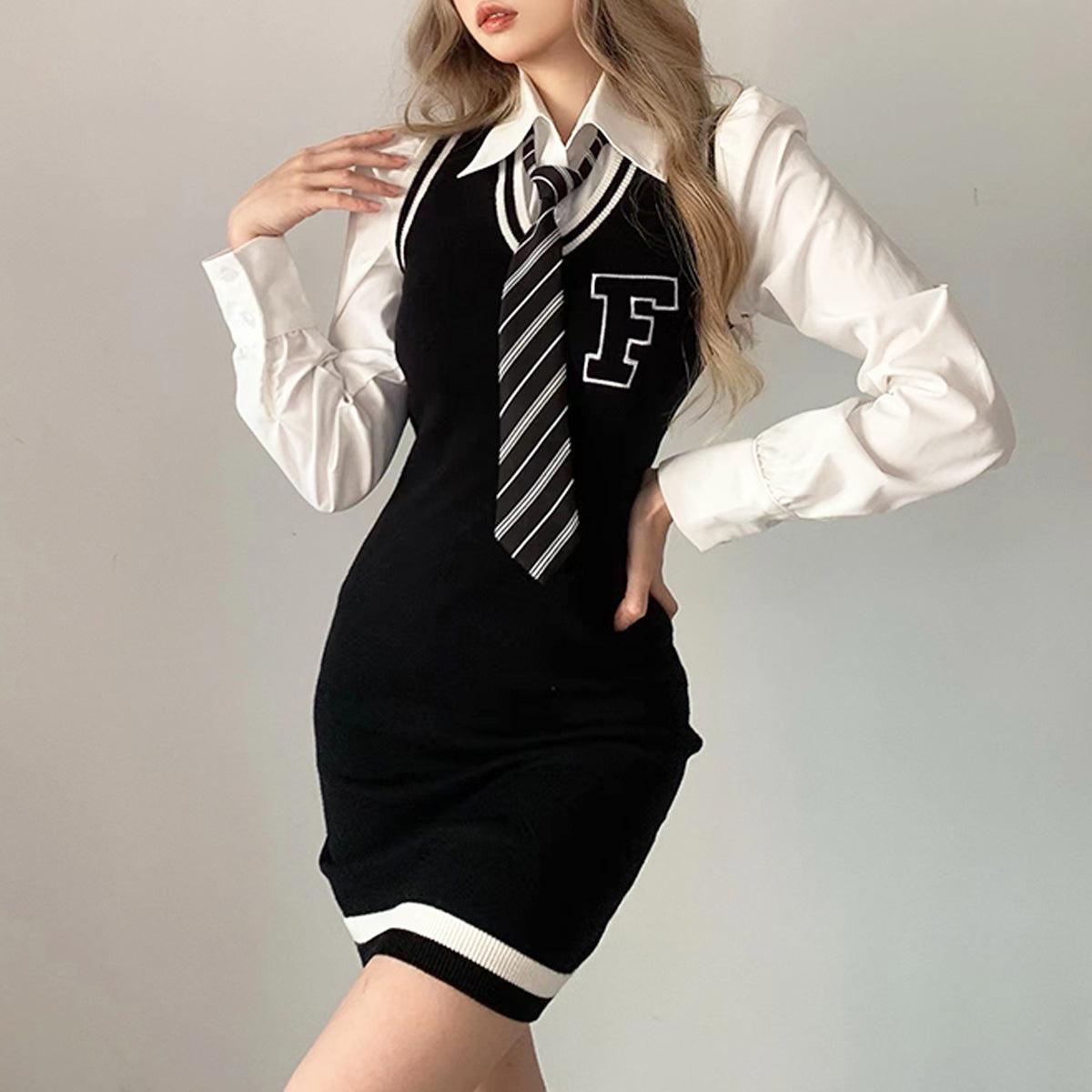 F Letter College Style Knit Dress - Aesthetic Clothes Shop