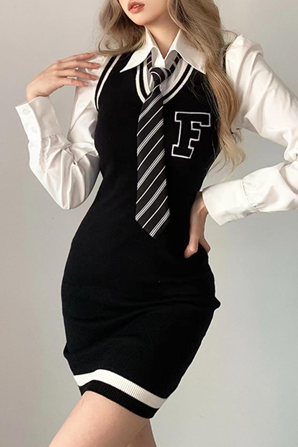 F Letter College Style Knit Dress - Aesthetic Clothes Shop