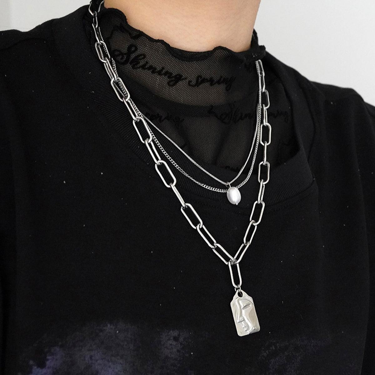 Face Tag Three Layer Chain Necklace - Aesthetic Clothes Shop