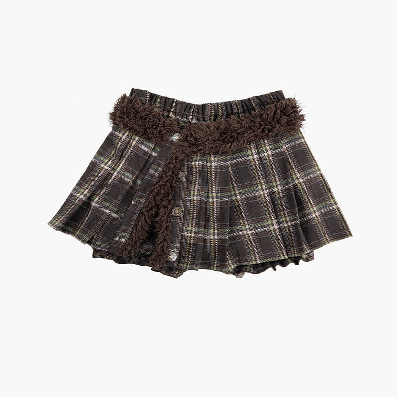 Fairy Grunge Aesthetic Plaid Skirt With Eco Fur