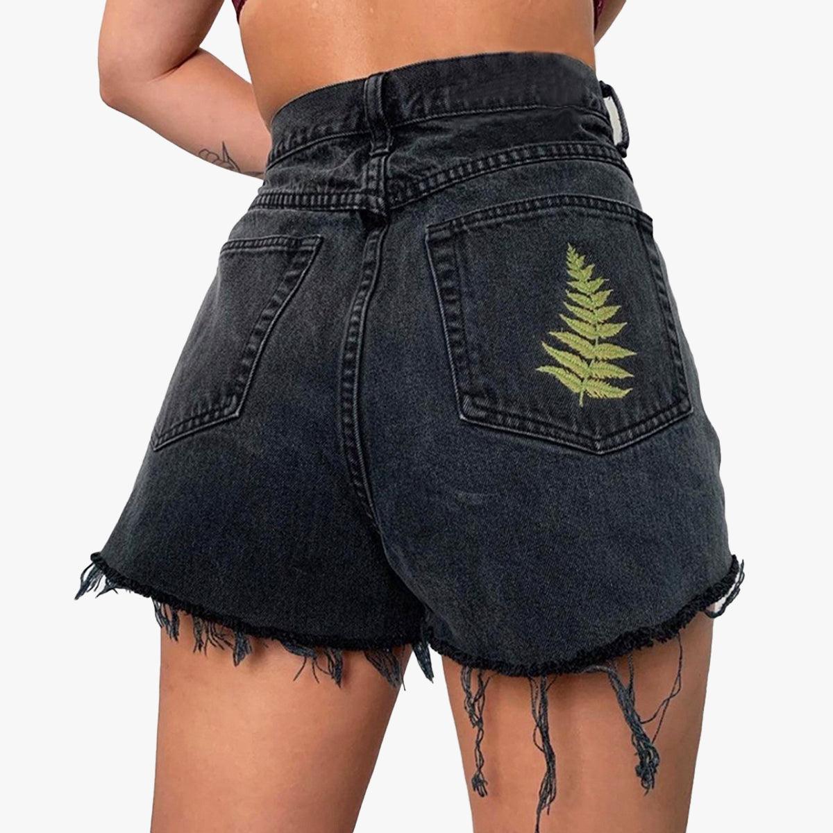 Fern Leaf Embroidery Black Shorts - Aesthetic Clothes Shop