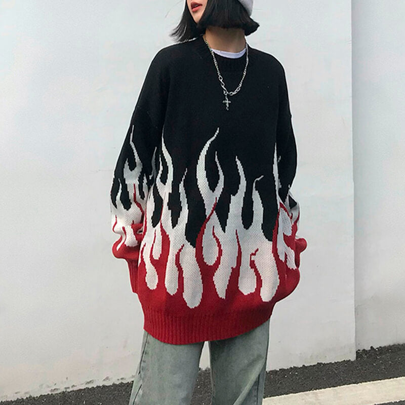 Fire Flame Leaks Graphic Knitted Sweater