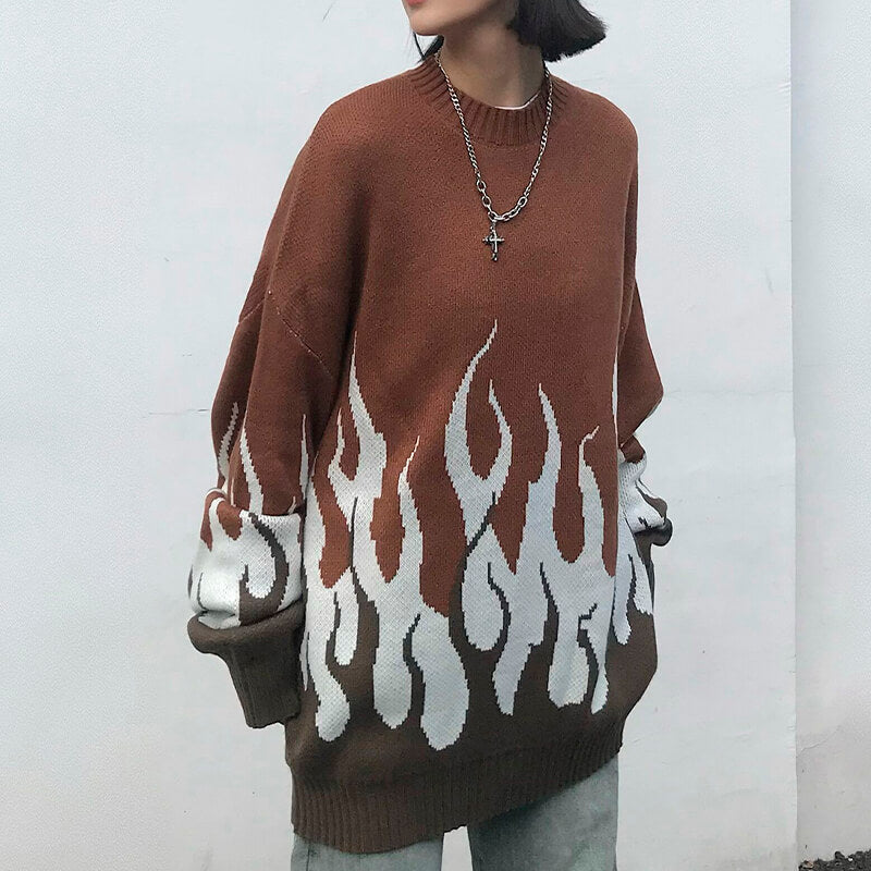 Fire Flame Leaks Graphic Knitted Sweater