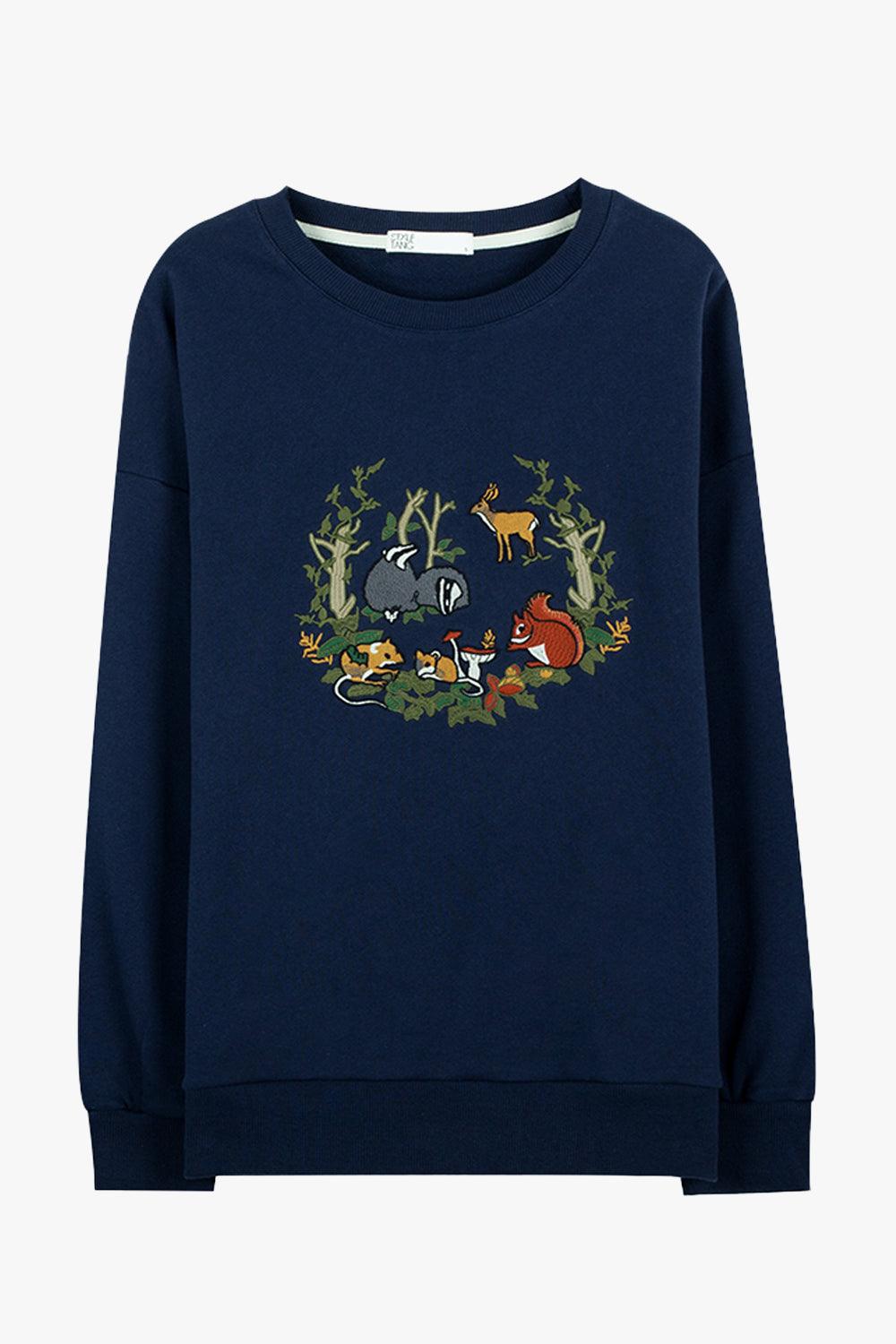 Forest Friends Embroidery Blue Sweatshirt - Aesthetic Clothes Shop