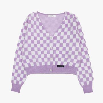 Fuzzy Purple Checkered Cropped Cardigan