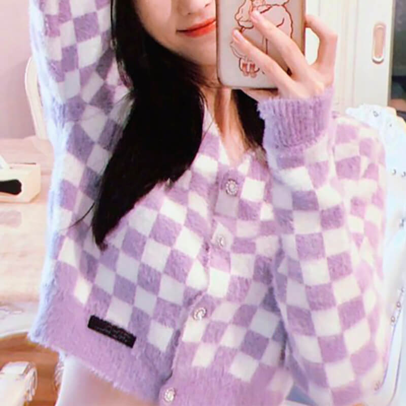 Fuzzy Purple Checkered Cropped Cardigan