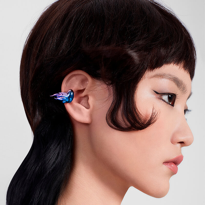 Gradient Blue Flame Heart Ear Clip Earrings