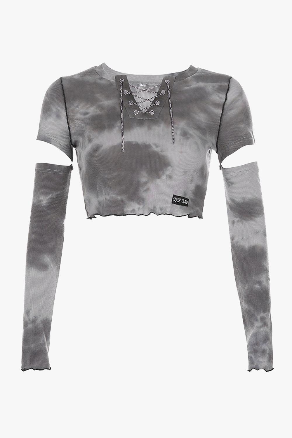 Gray Clouds Tie Dye Long Sleeve Crop Top - Aesthetic Clothes Shop
