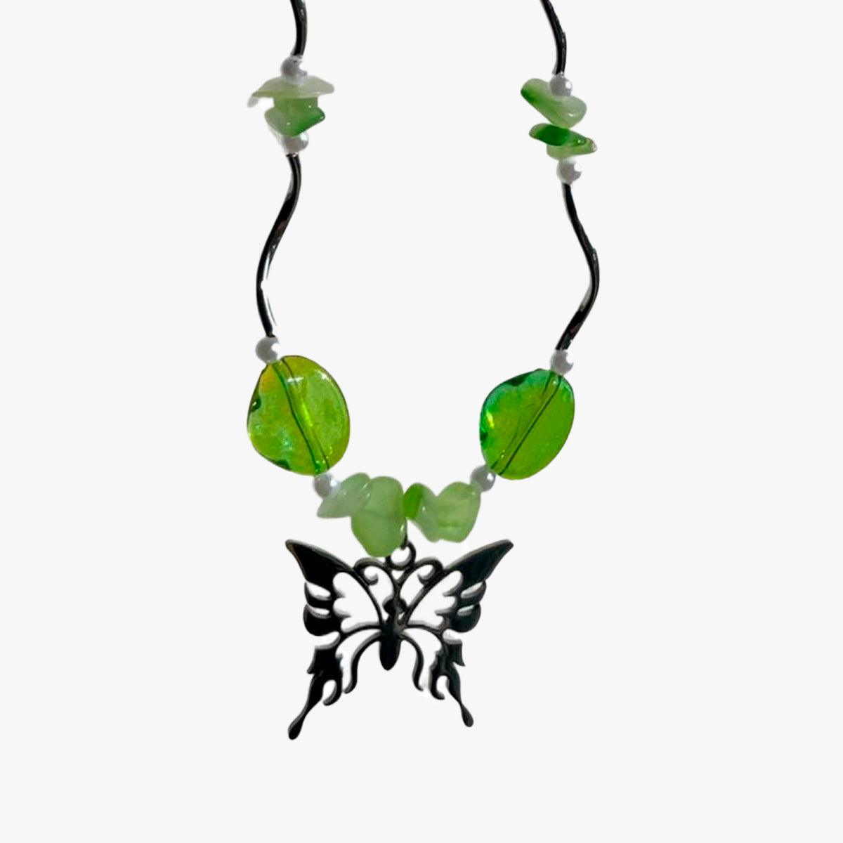 Green Gems Vine Butterfly Pendant Necklace - Aesthetic Clothes Shop