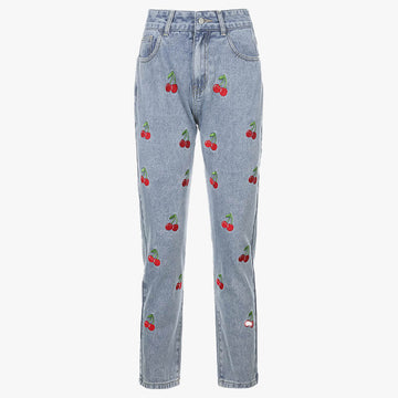 High Waist Cherry Embroidery Jeans