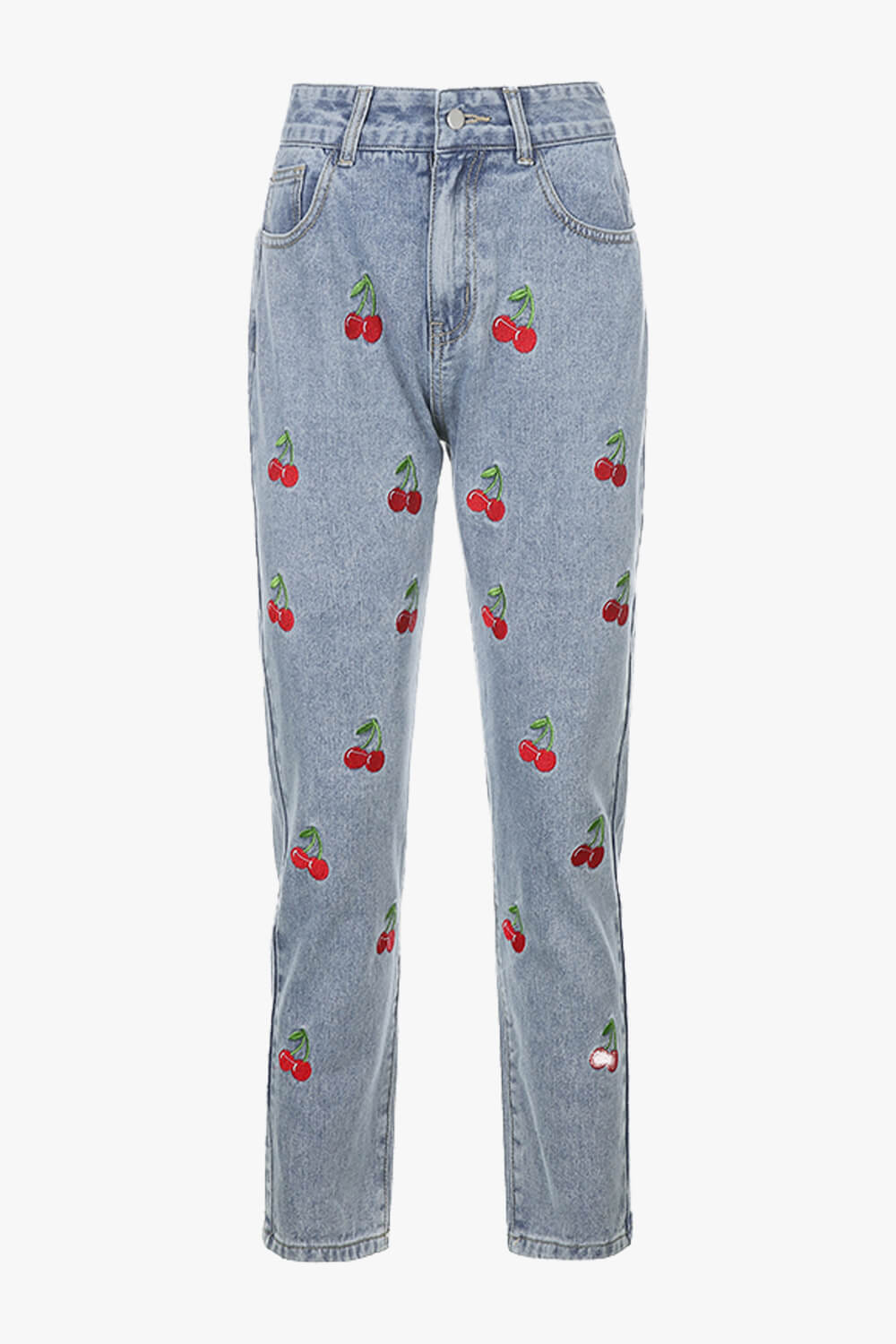 High Waist Cherry Embroidery Jeans