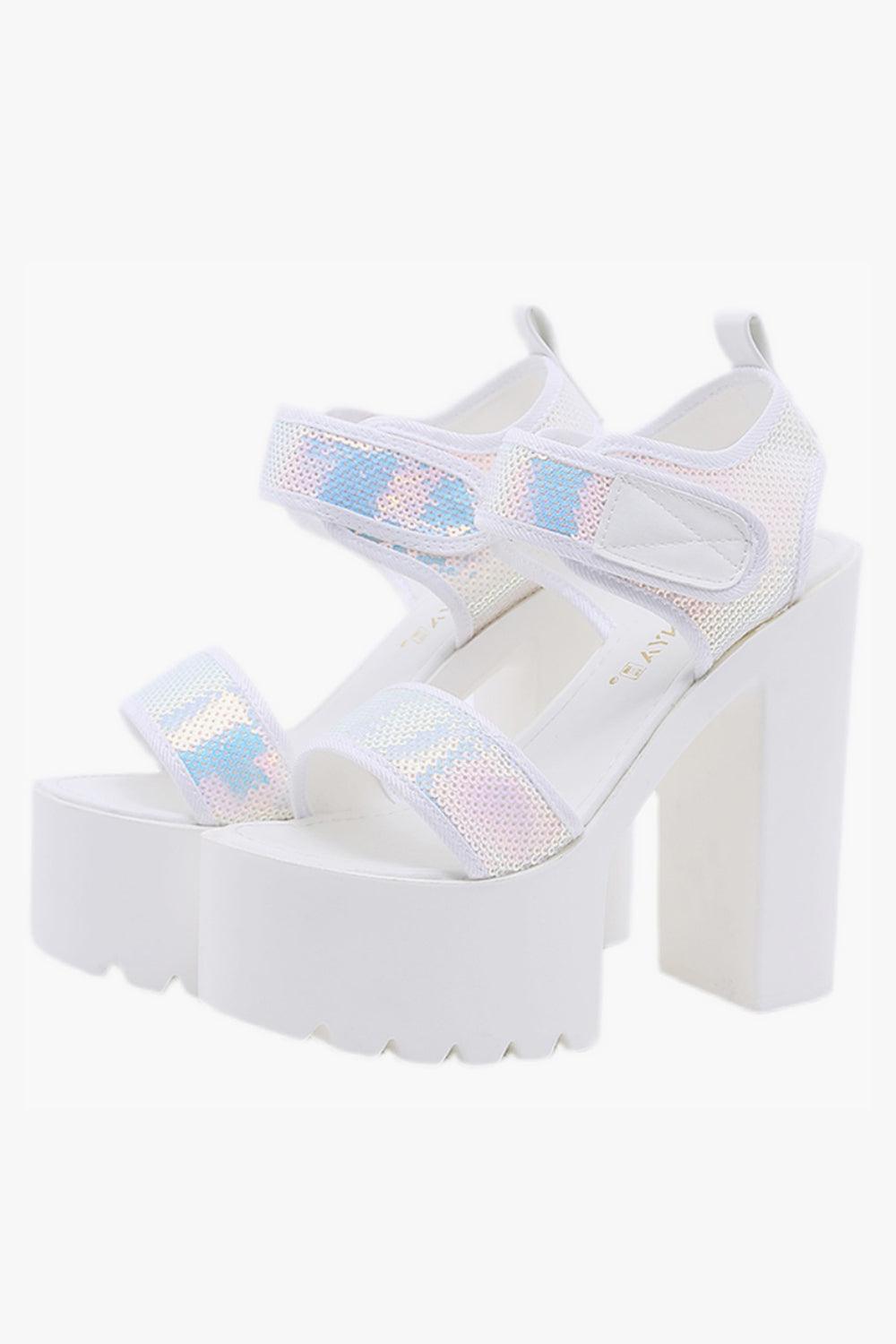 Holographic Metallic Platform Sandals from Littlepinko | Metallic platform  sandals, Holographic heels, Heels