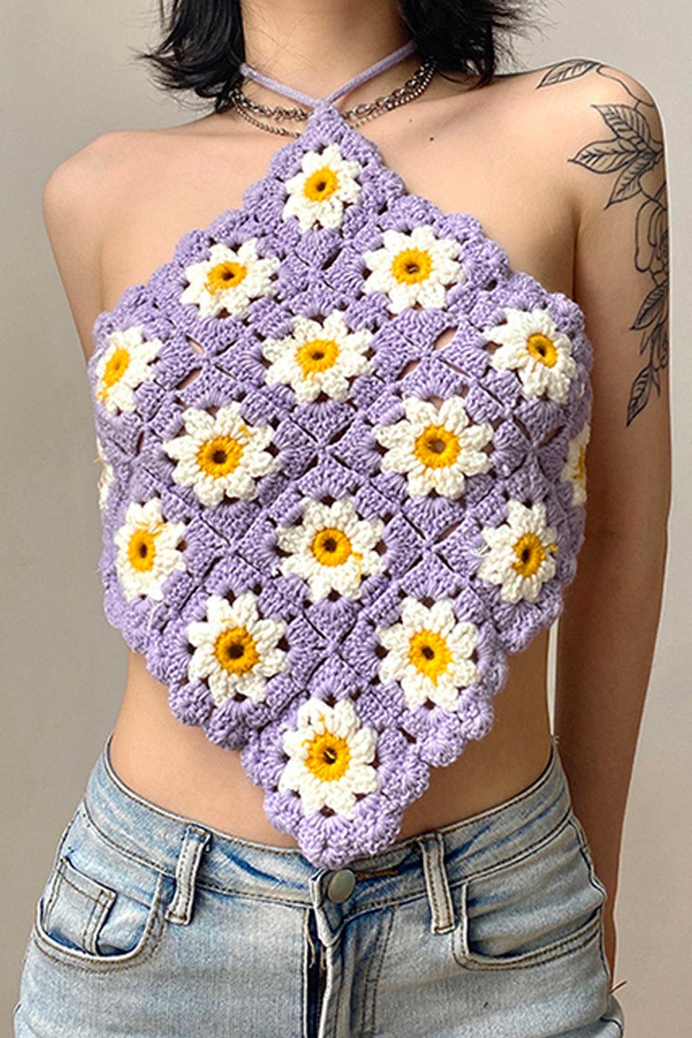 Indie Daisy Knit Halter Neck Crop Top - Aesthetic Clothes Shop