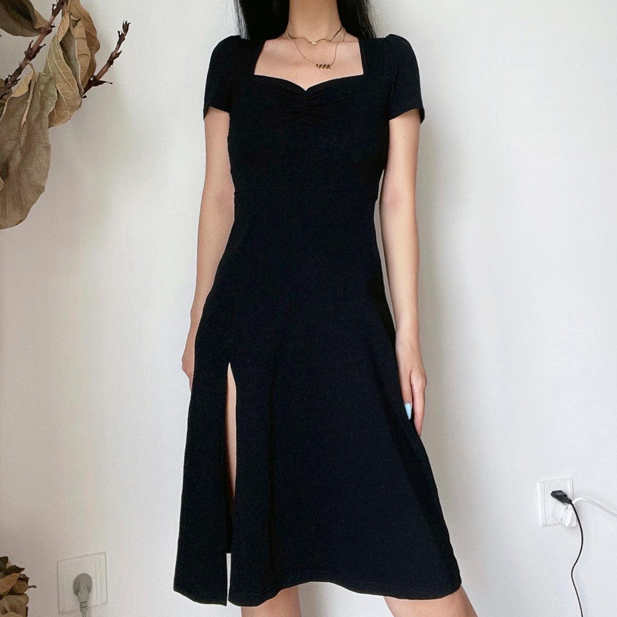Knee Long Side Cut Black Dress - Aesthetic Clothes Shop
