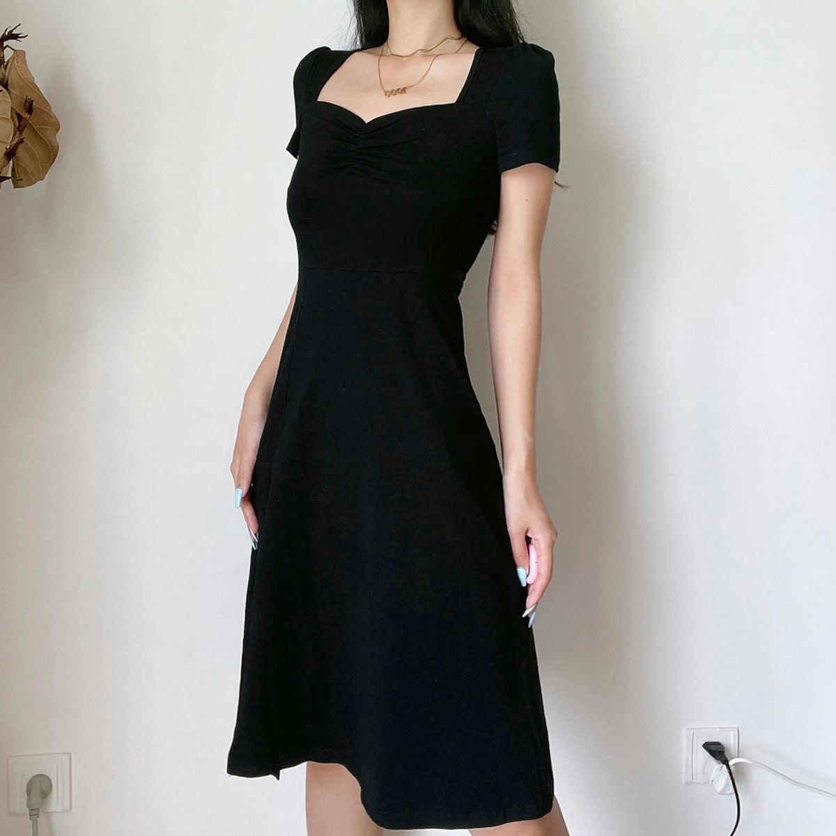 Knee Long Side Cut Black Dress - Aesthetic Clothes Shop