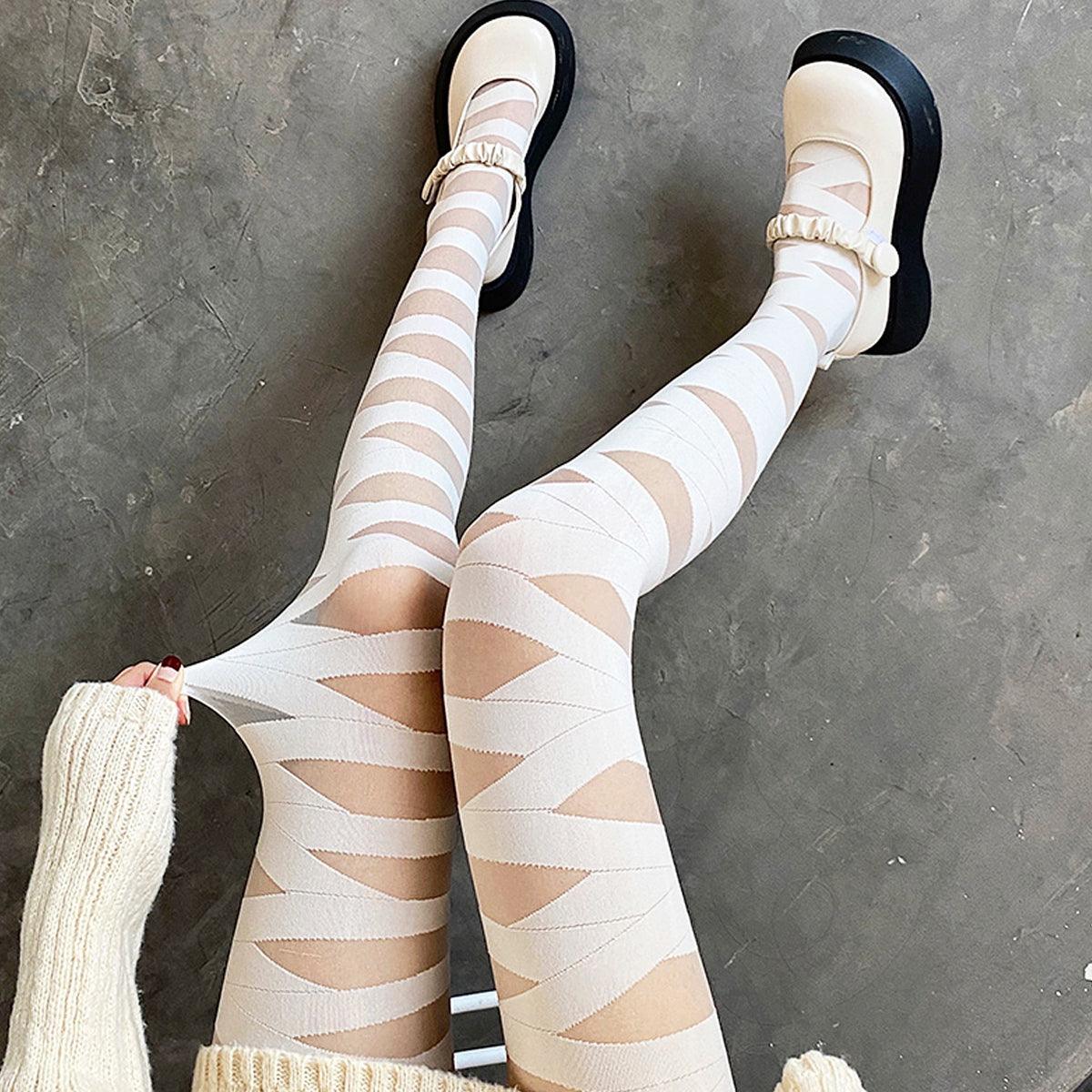 Lace Cross Bandaged Aesthetic Tights - Aesthetic Clothes Shop