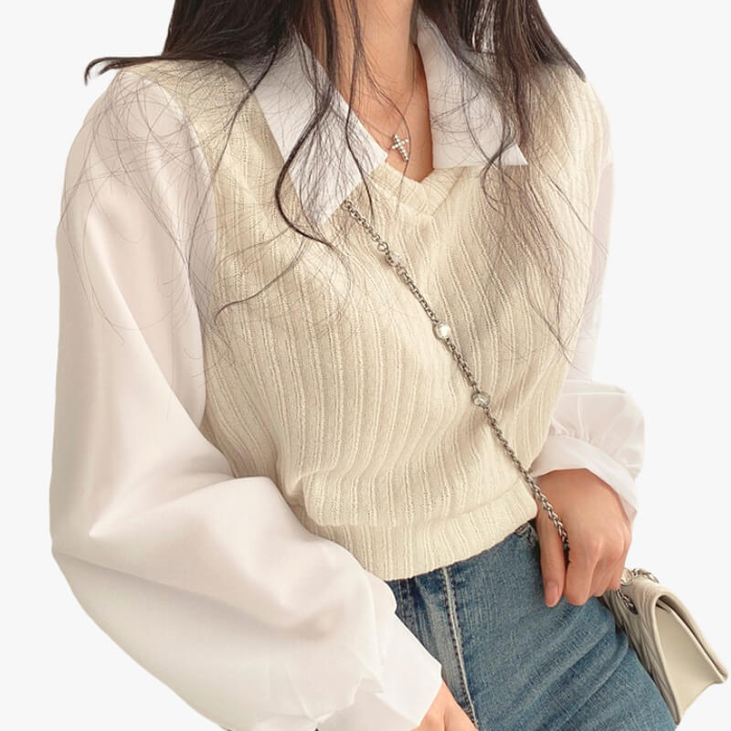 Light Academia White Shirt With Retro Knitted Vest