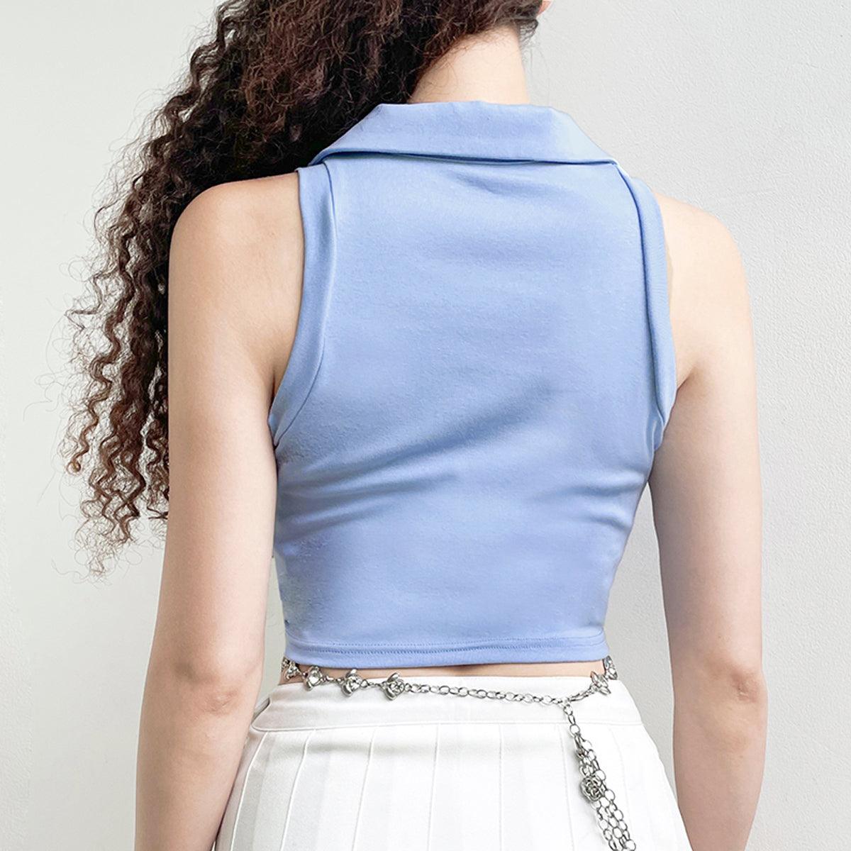 Light Blue Crop Top A Letter Embroidery - Aesthetic Clothes Shop