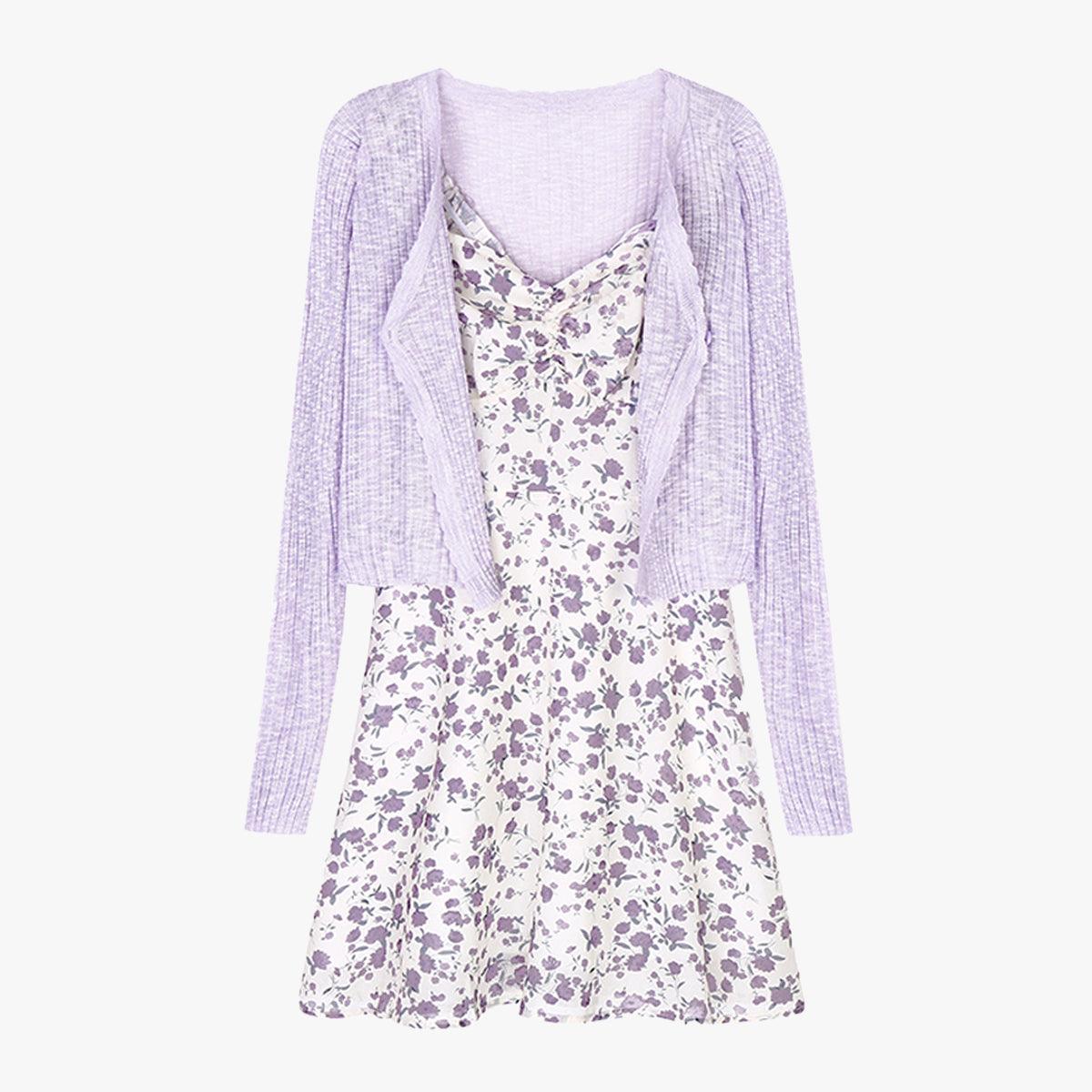 Lilly Purple Floral Soft Girl Dress and Cardigan - Aesthetic Clothes Shop
