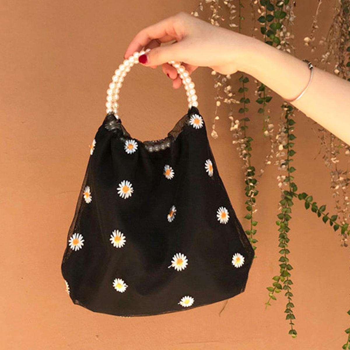 Mesh Daisy Pattern Bag Pearl Handle - Aesthetic Clothes Shop