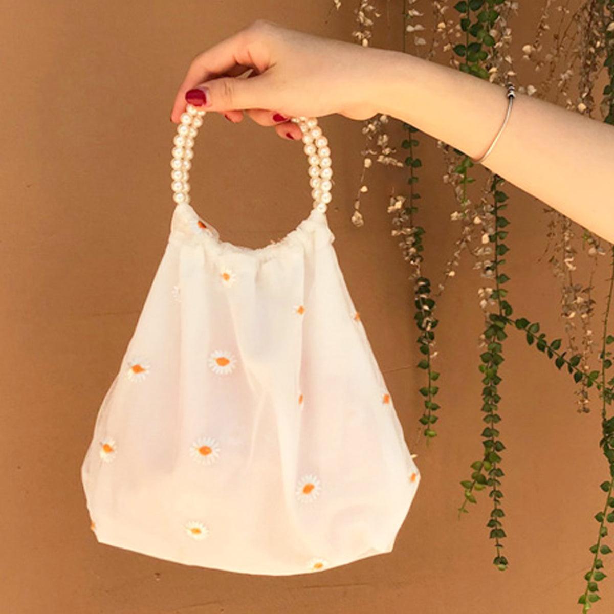 Mesh Daisy Pattern Bag Pearl Handle - Aesthetic Clothes Shop