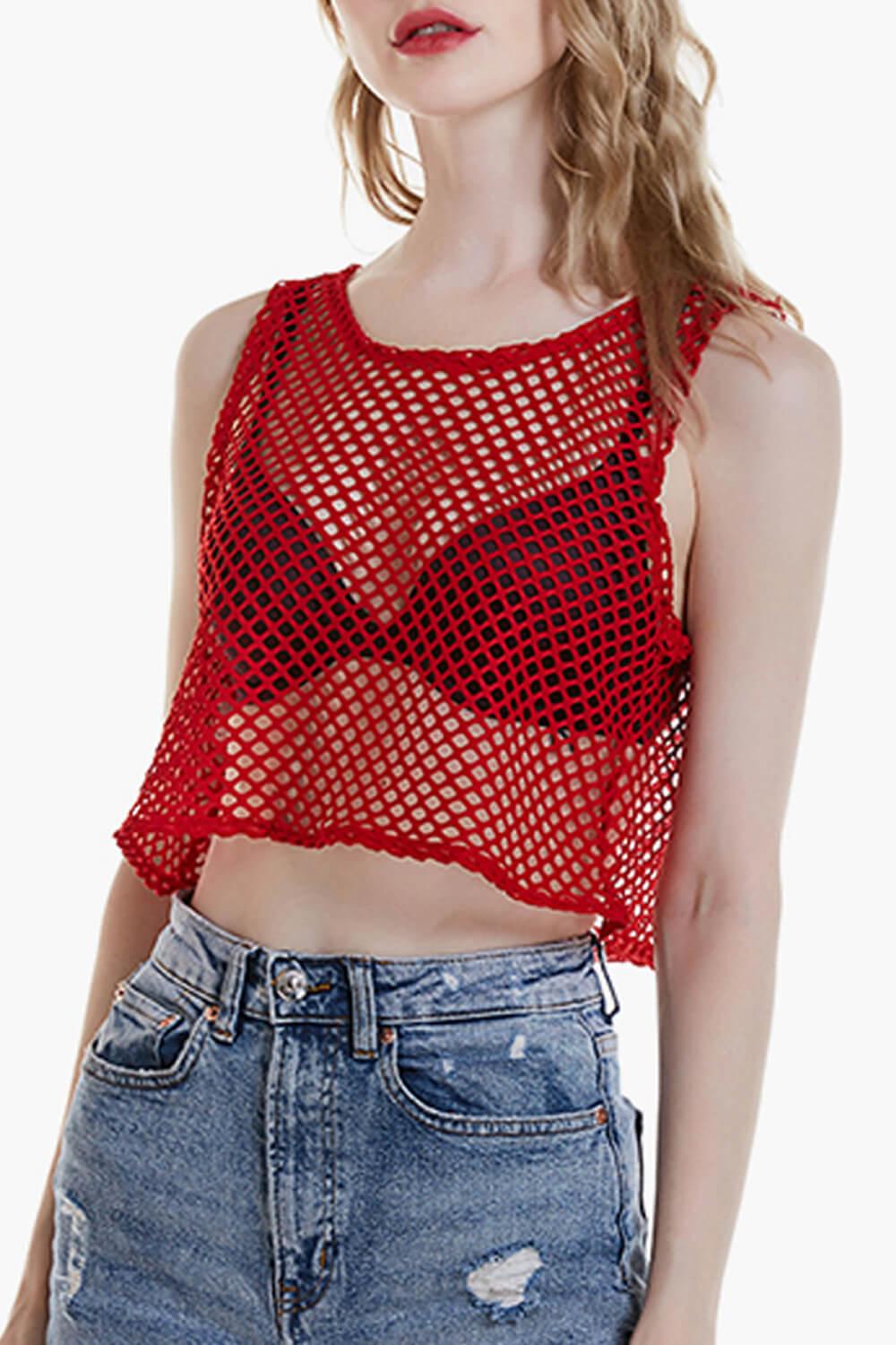 Red fishnet crop store top