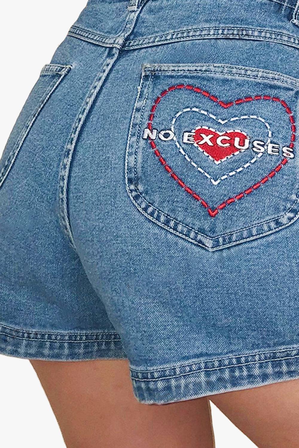 No Excuses Heart Denim Shorts - Aesthetic Clothes Shop