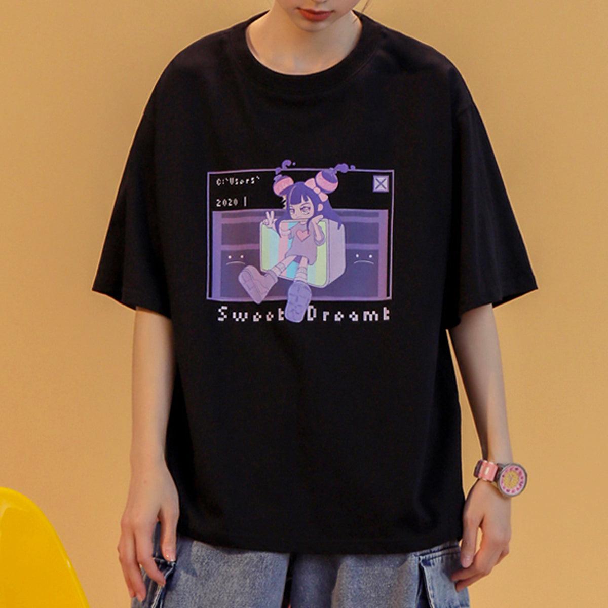 Old Web Anime Girl Hacker T-Shirt - Aesthetic Clothes Shop