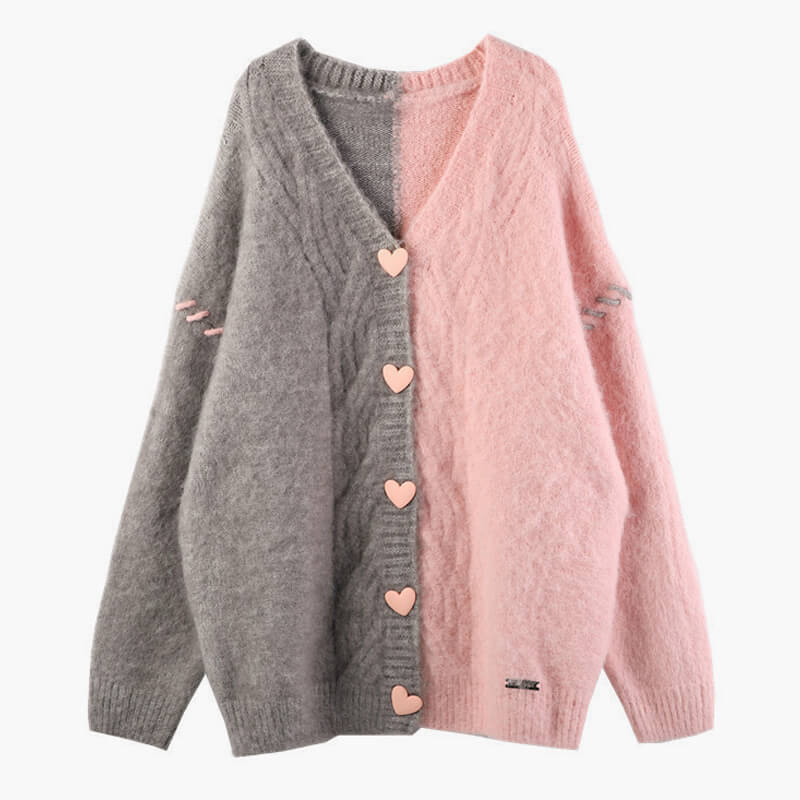 Pink and Gray Split Color Cardigan Heart Buttons