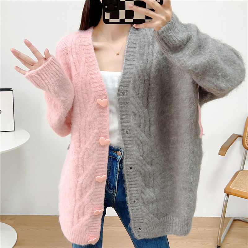 Pink and Gray Split Color Cardigan Heart Buttons - AC Shop