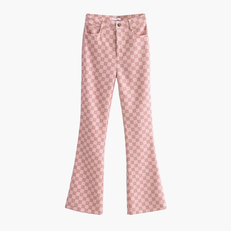 Pink Flared Checkered Soft Girl Jeans