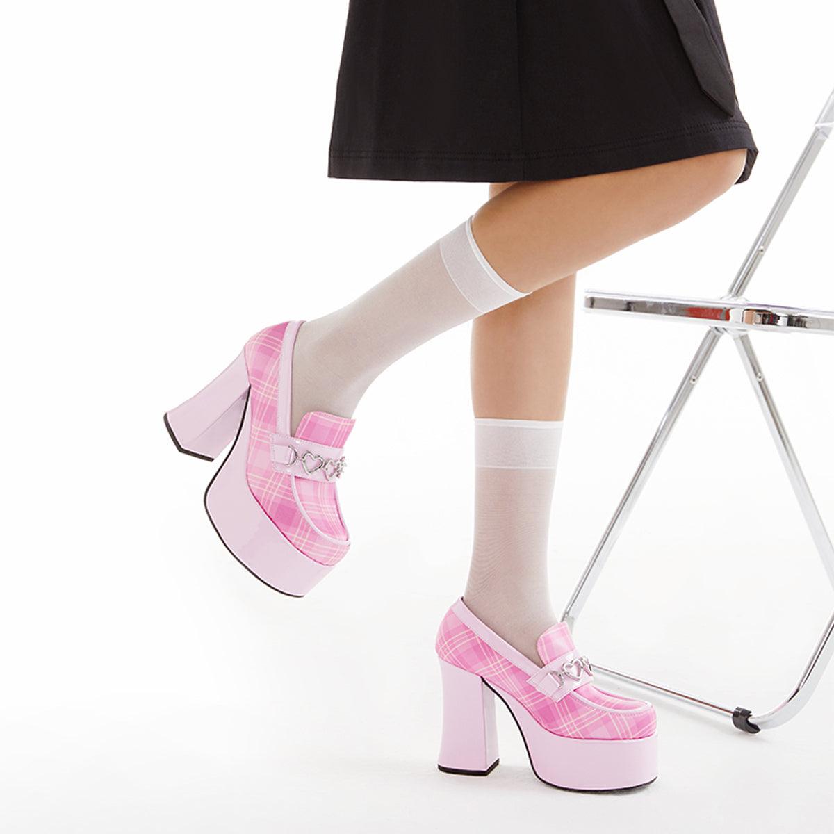 Pink Plaid Goddess Platform Heel Shoes - Aesthetic Clothes Shop