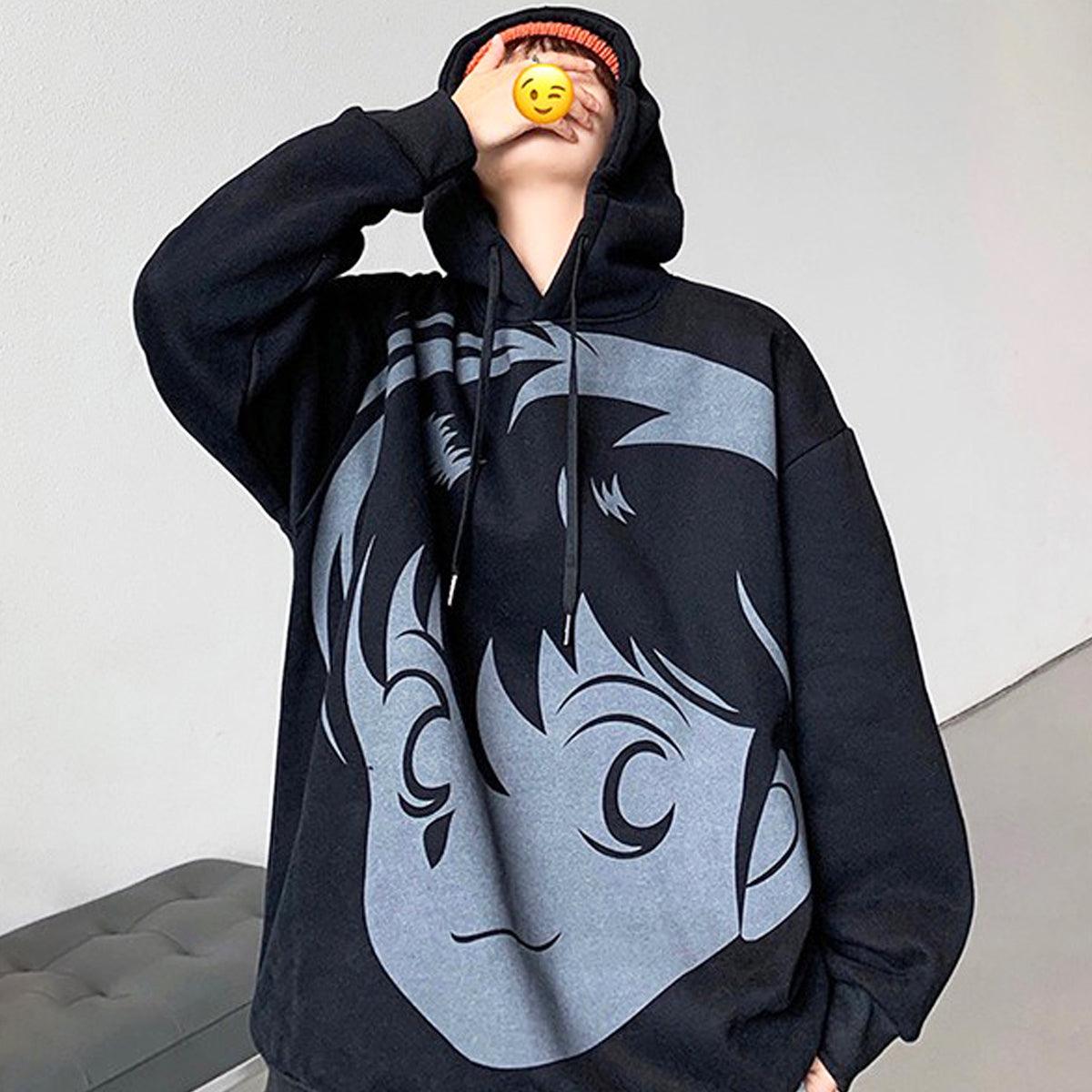 Retro Anime Face Oversized Hoodie - Aesthetic Clothes Shop