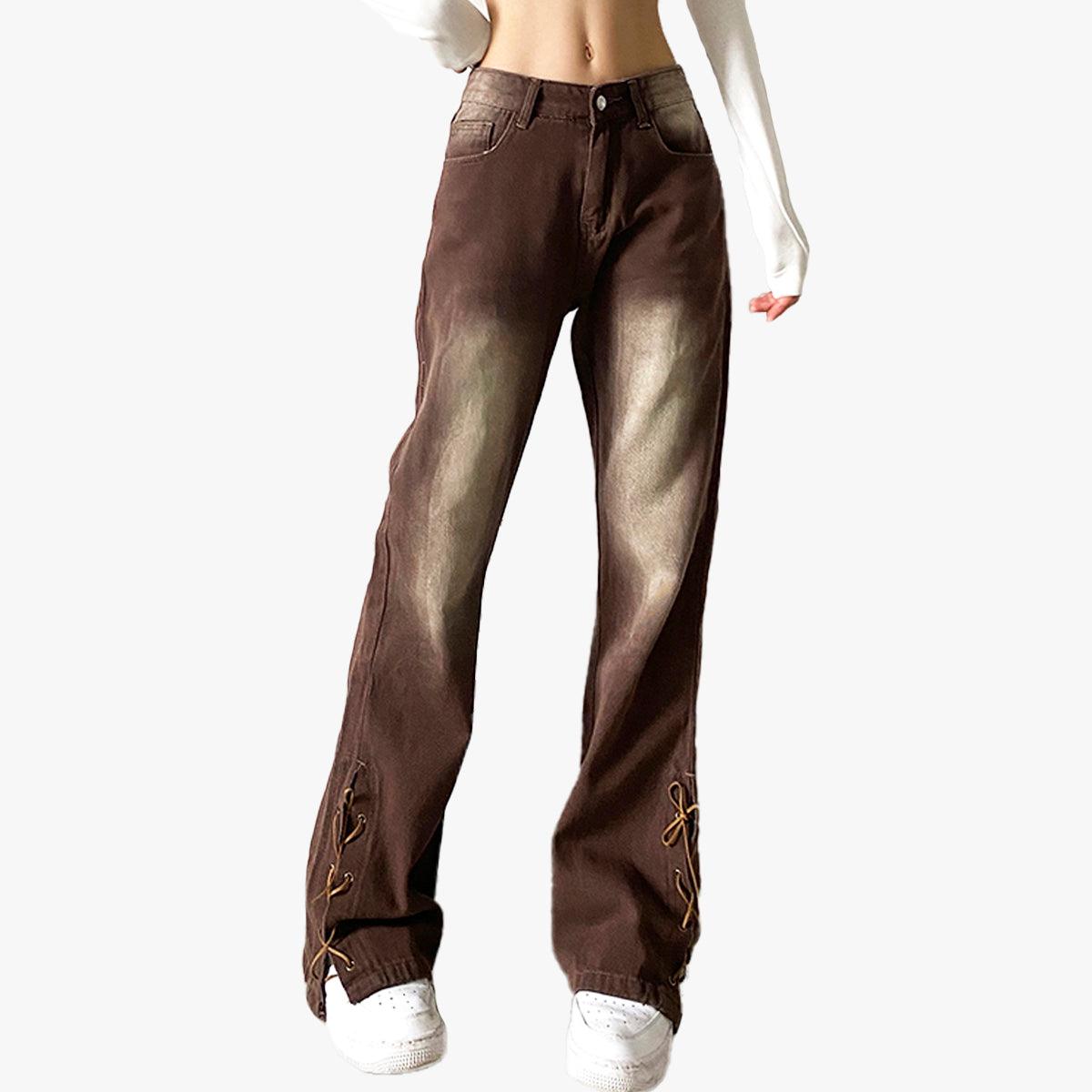 Retro Washed Brown Low Waist Jeans - Aesthetic Clothes Shop