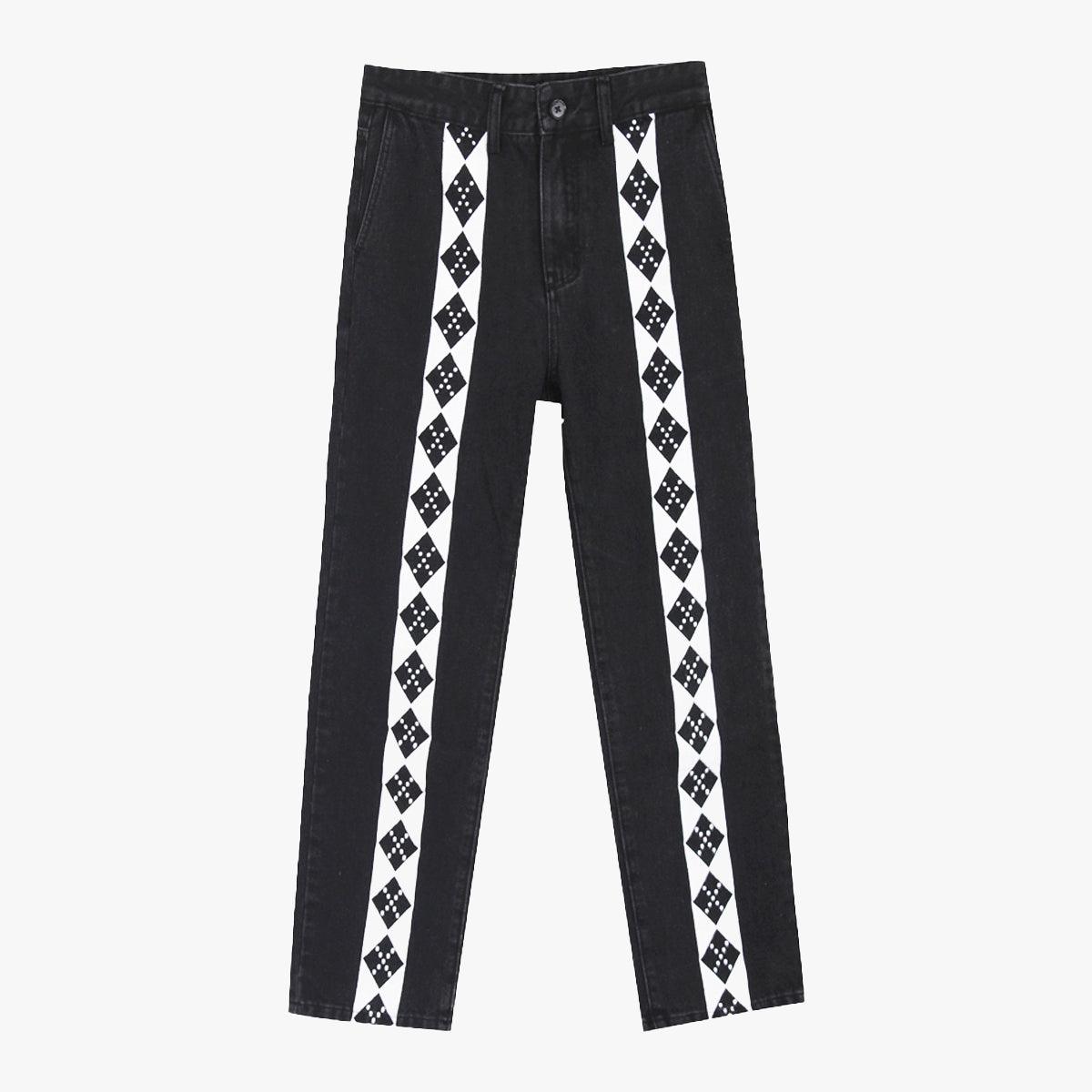 Rhombus Lined Retro Black Pants - Aesthetic Clothes Shop