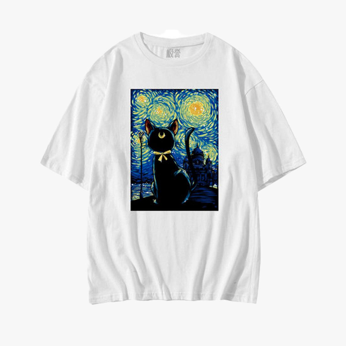 Sailor Luna Cat Van Gogh T-Shirt - Aesthetic Clothes Shop