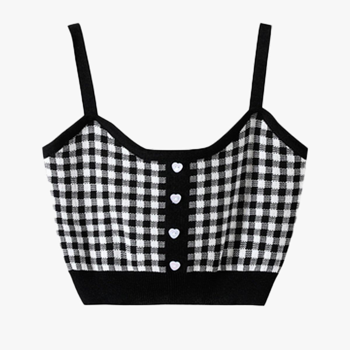 Short Knitted Plaid Crop Top Heart Buttons - Aesthetic Clothes Shop
