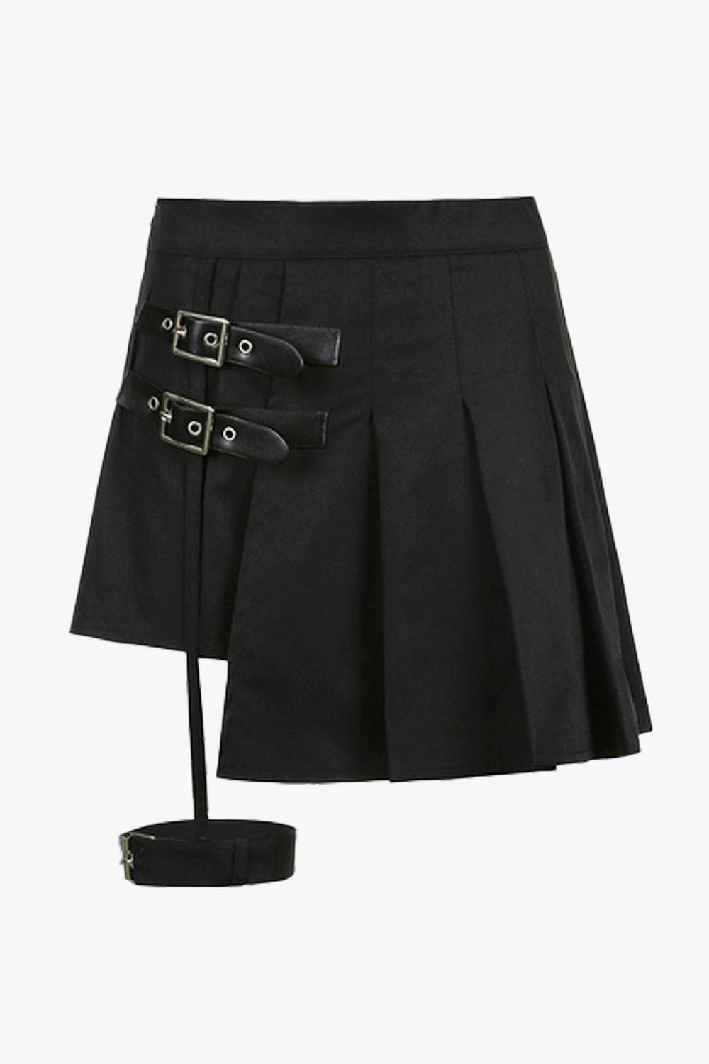 Side Belts Asymmetric Pleated Skirt - Aesthetic Clothes Shop